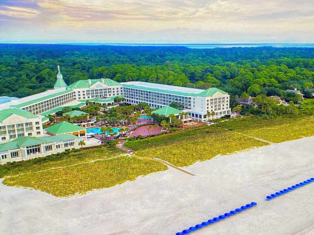 The resort and beach from the air